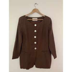 VGT Jeannene Booher Suits 100% Linen Chocolate Brown Blazer Pearl Buttons 80s